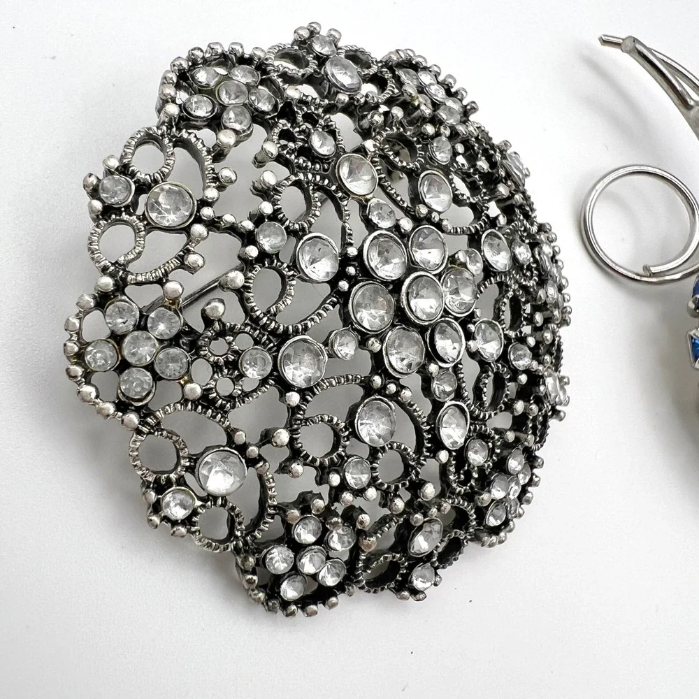 2pc Vintage Silver Tone Rhinestone Brooch Lot‎ Blue Cobalt Clear Filigree Pins